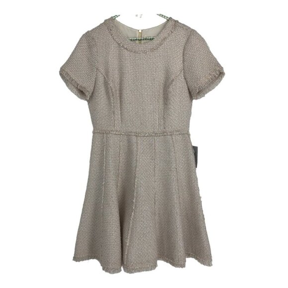 NWT Eliza J Ivory Short Sleeve Fringe Trim A-line Round Neck Tweed Dress Size 10 - Picture 2 of 16